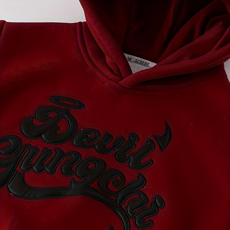 Boys Fleece Hoodie Red Devil Letter Pattern Winter Warmth Loose Casual Pullover Machine Washable Christmas Halloween 2025 New Stylish Design Durable Material Kids Hooded Sweatshirt