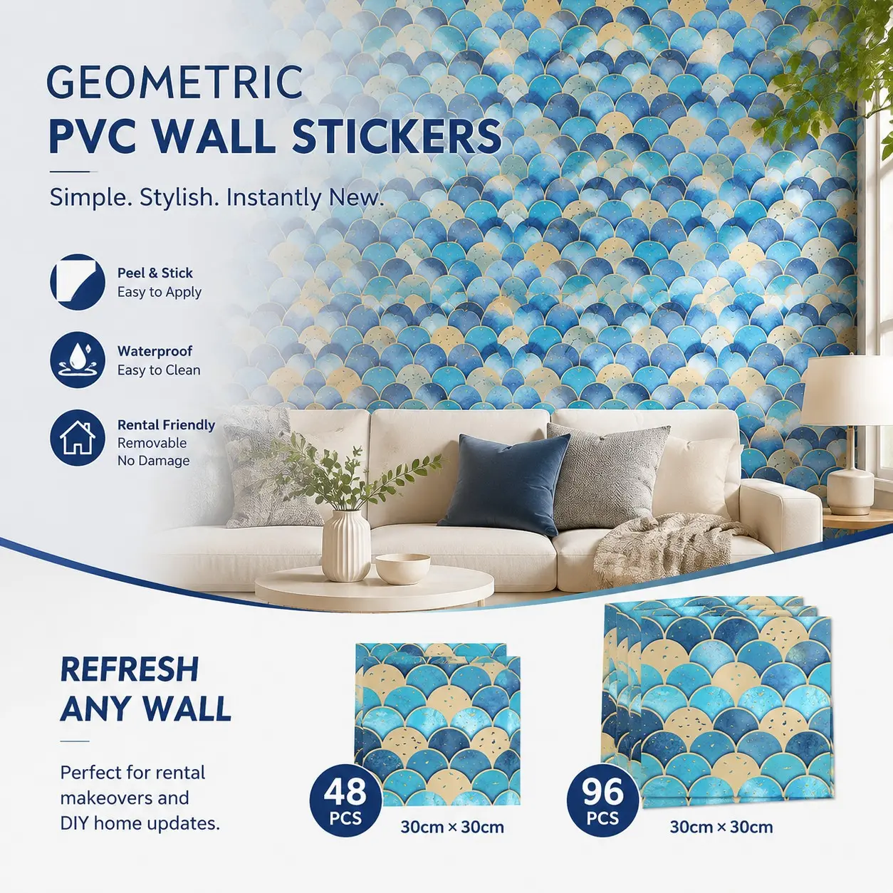 48/96pcs Geometric Style PVC Tile Wall Stickers, Wallpaper, Geometric Pattern Modern Thickened Tile Stickers, Wallpaper, Home Decoration, Interior Decoration, Suitable for Kitchen, Living Room, Dormitory, Office Wall Decoration