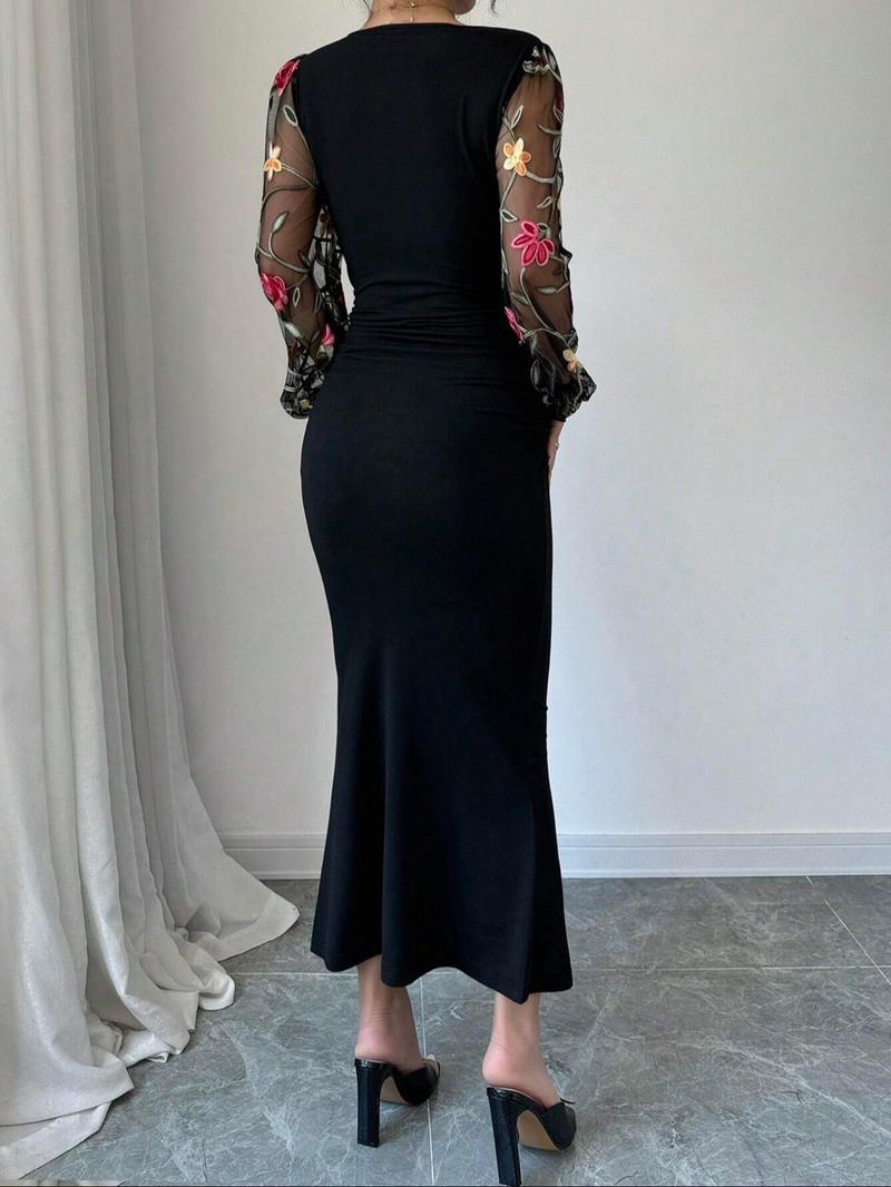 prom dresses, Valentine's Day Women's Floral Embroidery Tulle Patchwork Sheer Mermaid Dress, Elegant Bishop Sleeve V Neck Long Sleeve Dress for Party Holiday Wedding Guest, Ladies Clothes for All Seasons, Fashion Dress