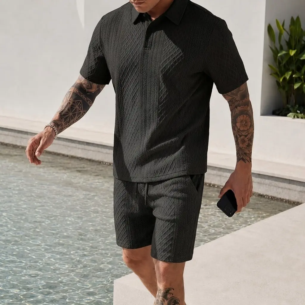 Men's 2-Piece Matching Set - Lightweight Textured Knit Crew Neck Polo Shirt & Striped Drawstring Shorts, Polyester Fitted Short-Sleeve Outfit for Casual Summer Beach, Outdoor, Relaxed Dinners Wear