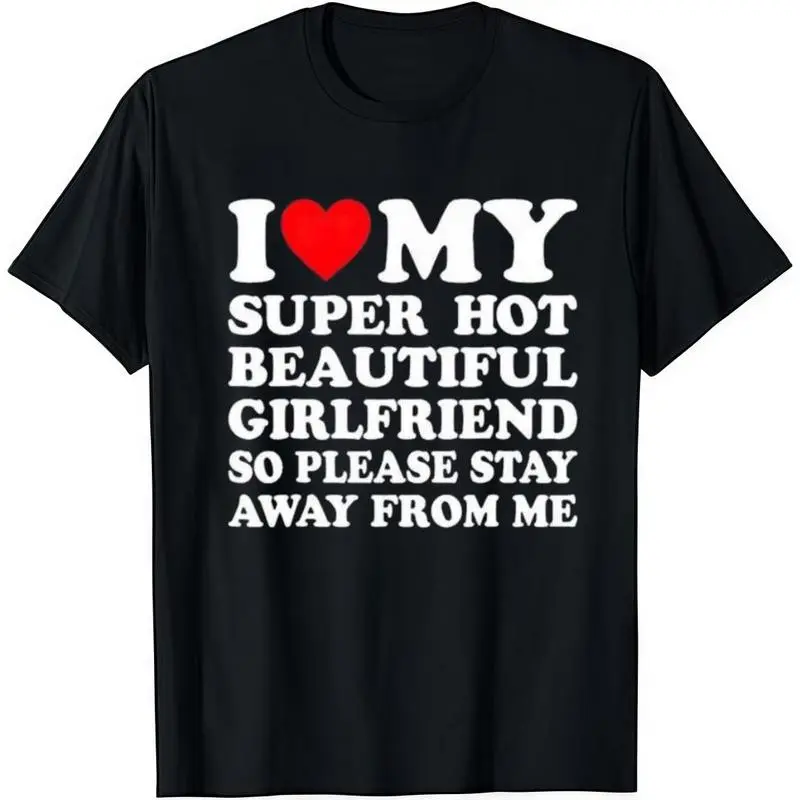 Women's Oversized Short-Sleeve Cotton T-Shirt - "I Love My Super Hot Girlfriend" Heart Graphic, Casual Retro Fabric Tops, Funny Couple Outfit, Valentine Gift for Boyfriend Husband From Girlfriend
