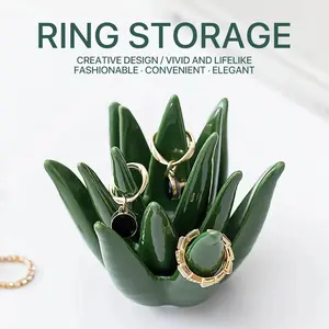Ceramic Cactus Ring Holder, Green Leaf Jewelry Organizer for Rings Earrings, Stylish Desk Decoration, Gift for Women Mom and Friends
