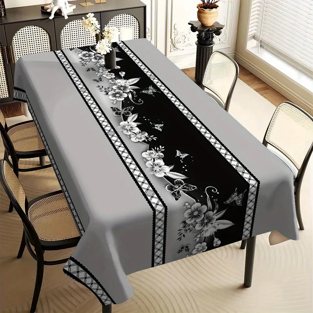 High-end grey-black floral butterfly pattern printed straight-edge Reinforced Edges tablecloth, waterproof and stain-resistant reusable square tablecloth, suitable for decoration in living rooms, dining rooms and hotels