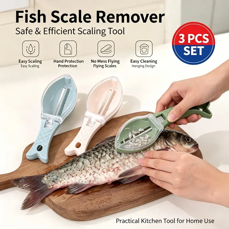 3 Pack Fish Shape Fish Scaler Tool with Storage Cover, Plastic Handheld Fish Scale Remover, Safe Non-Scratch Fish Descaler Brush for Kitchen Seafood Cleaning