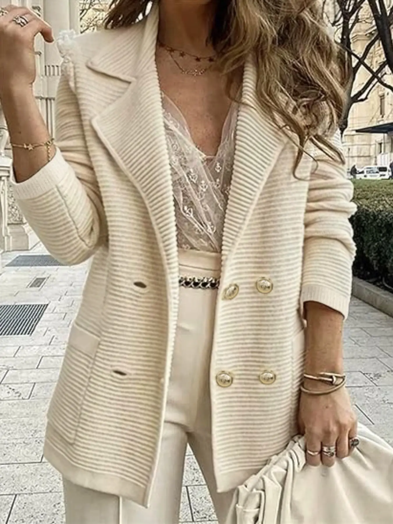 Women's Lapel Blazer Button Knit Cardigan, Loose-Fitting Casual Solid Pattern, Fall & Winter Unlined Outerwear, Batch Qx0738216c