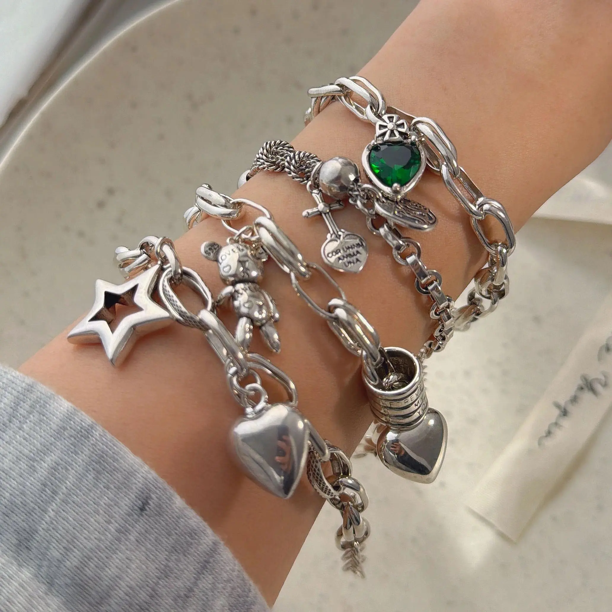 Y2K Silver Stackable Charm Bracelets Set, Multi Layer Thick Paperclip Chain Bracelet With Bear Star Heart Green Emerald Pendant, Vintage Grunge Aesthetic Dainty Stack Jewelry For Women Teen Girls Daily Outfit Matching Gift