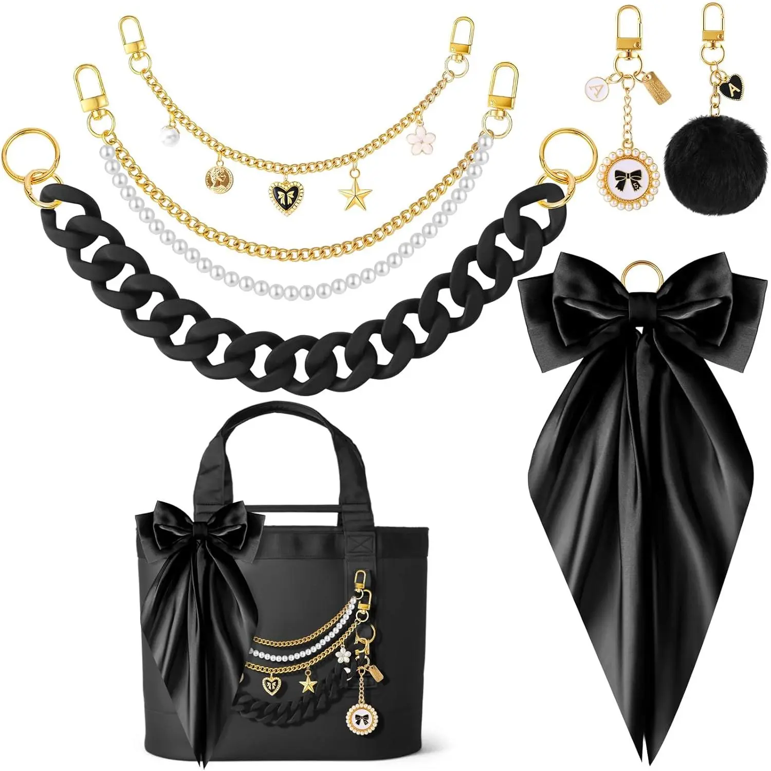 6 Pcs Tote Bag Accessories Set for Women,Bag Charms Decorative Bow Pearl Pom Pom Chain Charms & Keychain Charms,Compatible with Camino 20/35/50 Carryall,Beach Tote Bags
