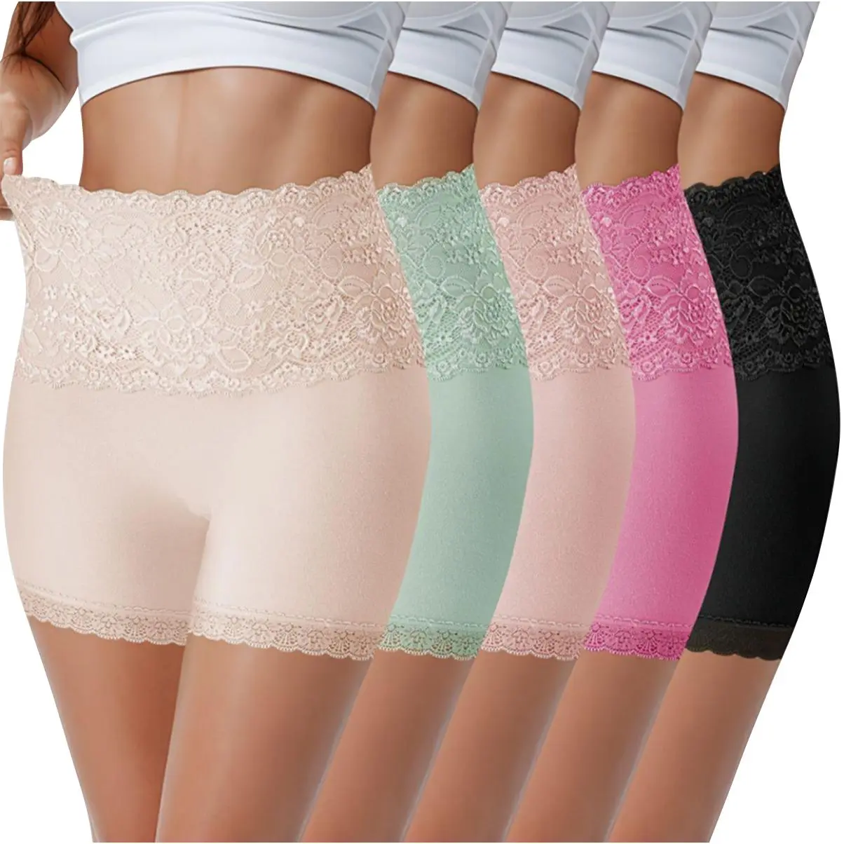 QUASTI Women's 4/5Pack High-Waisted Cotton Lace Boxer Panties, Basic Minimalist Boy Shorts with Soft Breathable Seamless Fit, Hip Lift, Flat Corners, Leg Comfort, Assorted Colors S-XXL