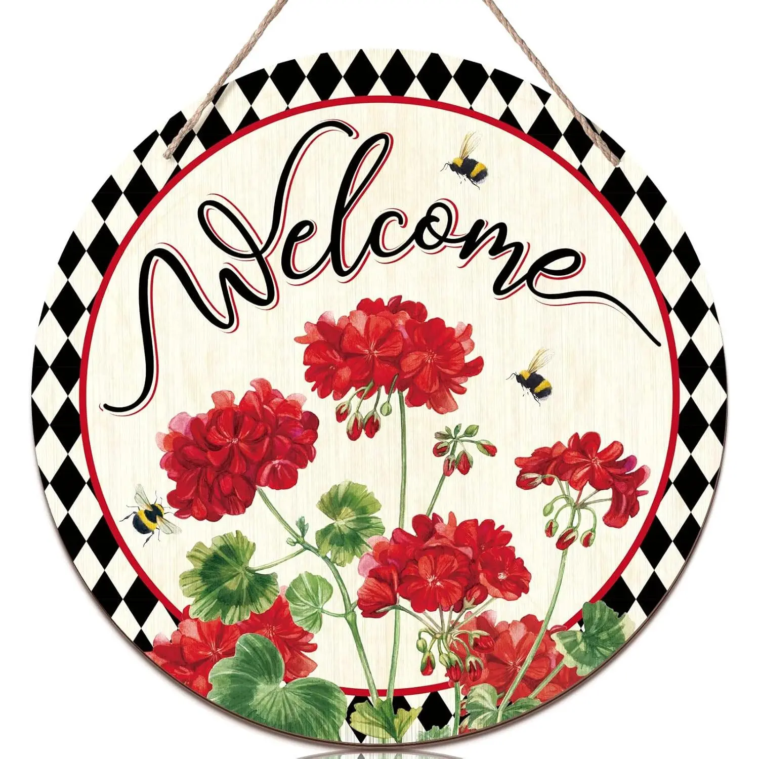 Ripeng Wooden Buffalo Plaid Geranium Flower Welcome Sign Wreath, 11.81in Home Supplies for Front Door Porch - Creative Holiday Gift for Neighbors Colleagues, Indoor Outdoor Wall Window Decoration, Creative Gifts