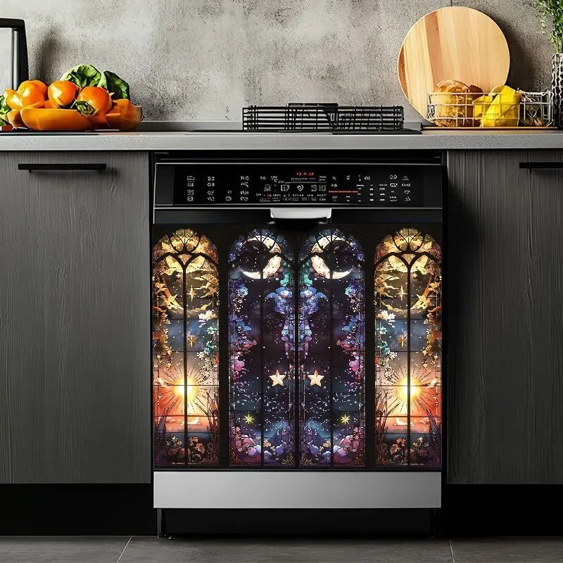 2D Flat 2Pcs Dishwasher Door Cover Sticker Stained Glass Galaxy Design Cosmic Stars Pattern Decorative Kitchen Appliance Front Panel Removable Waterproof Vinyl Decal for Refrigerator Washing Machine Furniture Home Decor
