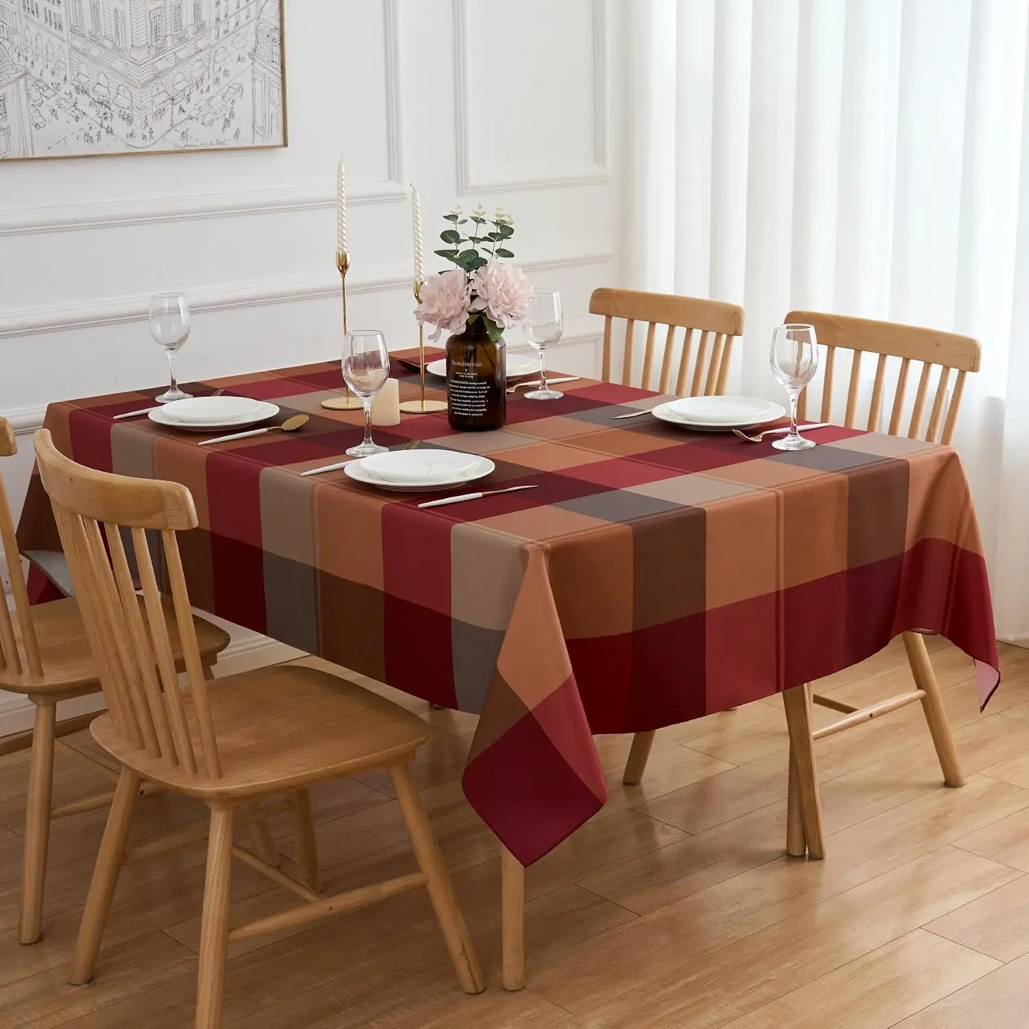 Brown Gingham Table Cloth Rectangle 60 x 102 Inch Red Brown Tablecloth - Winter Oblong Checkered Christmas Table Cover Reusable Resistant for Fall Thanksgiving
