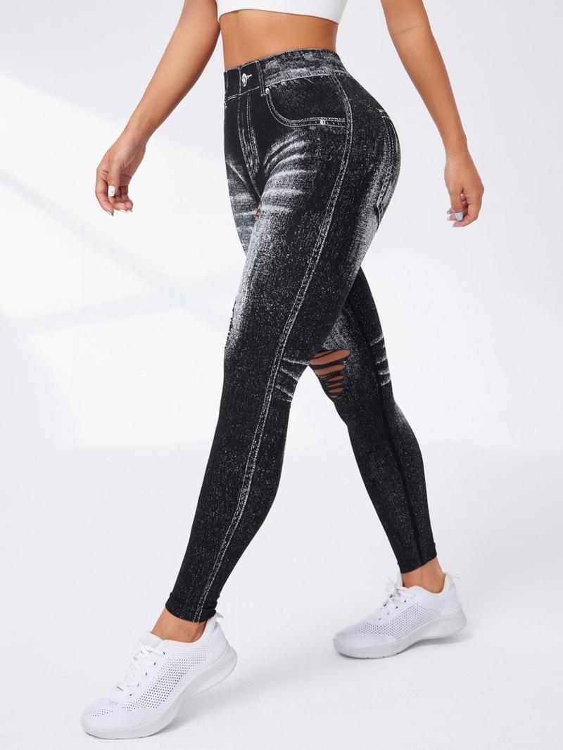 Women's Denim-Effect Print High Waist Sports Stretchy Leggings, Casual Comfy Cut Out Skinny Pants for Yoga Gym Workout Running, Ladies Sportswear Bottoms for All Seasons