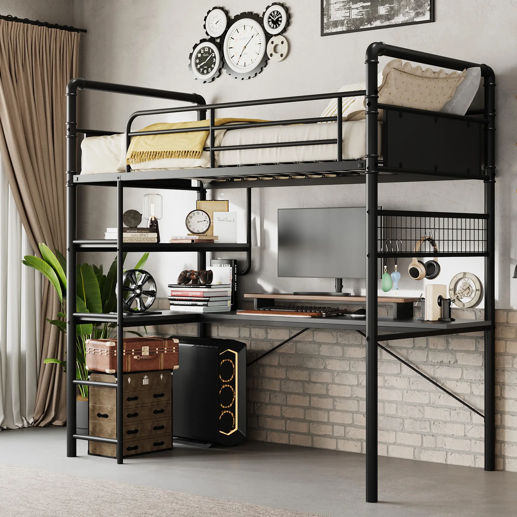 Heavy Duty Twin Metal Loft Bed with L-Shaped Desk, 2 Storage Shelves & Decorative Mesh – High Guardrail, Ladder, Space-Saving, No Box Fresh Needed – Vintage Black/Brown