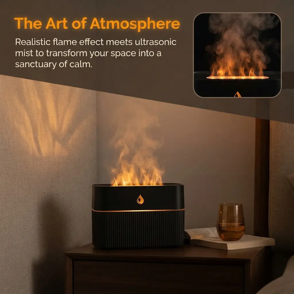 New model of simulated flame aromatherapy machine for home use, air humidifier with colorful ambient lighting, desktop volcano diffuser
