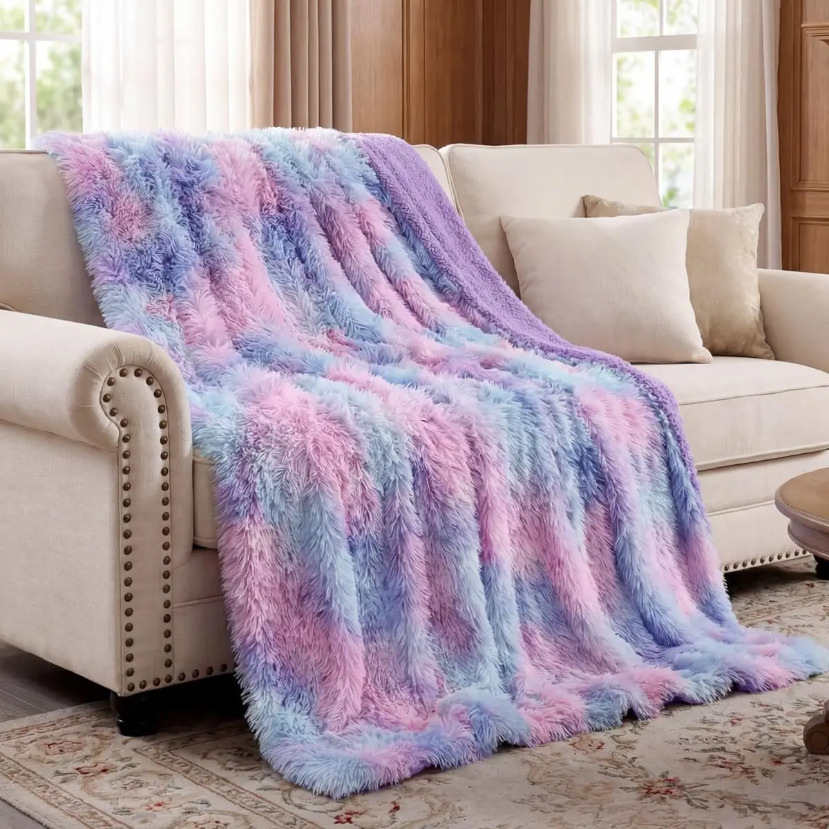 Faux  Blanket for Bed Plush Fuzzy  Tie-Dyed, 79" X 59" | Ultra Soft Warm Shaggy Bedding for Couch, Cozy Luxury Bedroom Decor, Gifts for Holidays, 79 X 59 inches,  Rainbow
