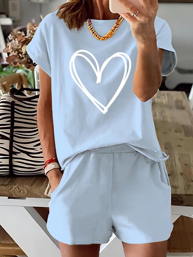 Two-Piece Set Women's Heart Print Tee & Shorts, Casual Shortsleeve Fitted T-shirt & Shorts for Daily Wear, Ladies Two-piece Matching Lounge Sets for Spring & Fall, Clothes