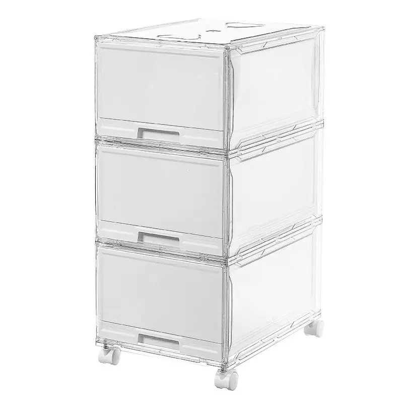 3-Pack Transparent Drawer Organizer with Wheels, Modern Home Storage Cabinet, Lockable Casters, Dust-Proof Lid, Office & Bedroom Use