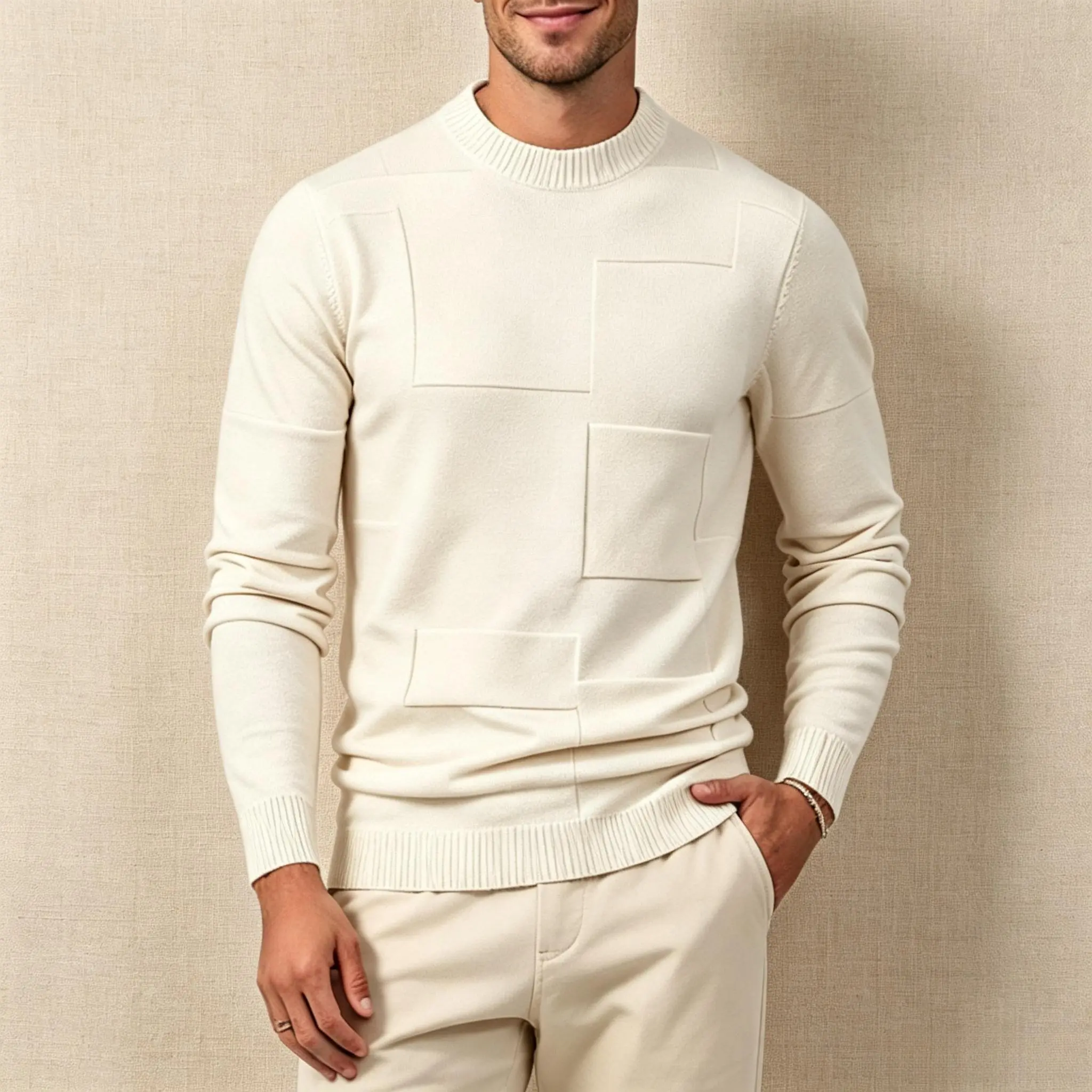 Men's Minimalist Crew Neck Pullover Sweater, Casual Polyester Patchwork Knit Top with Long Sleeves and Button Detail, Machine Wash