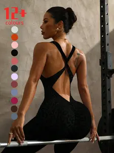 Women's New Leopard Print Tight Fitting Jumpsuit, Seamless Hollow Out Back, High Waist Compression Wear, Sporty Sleeveless Yoga Pants, All Seasons