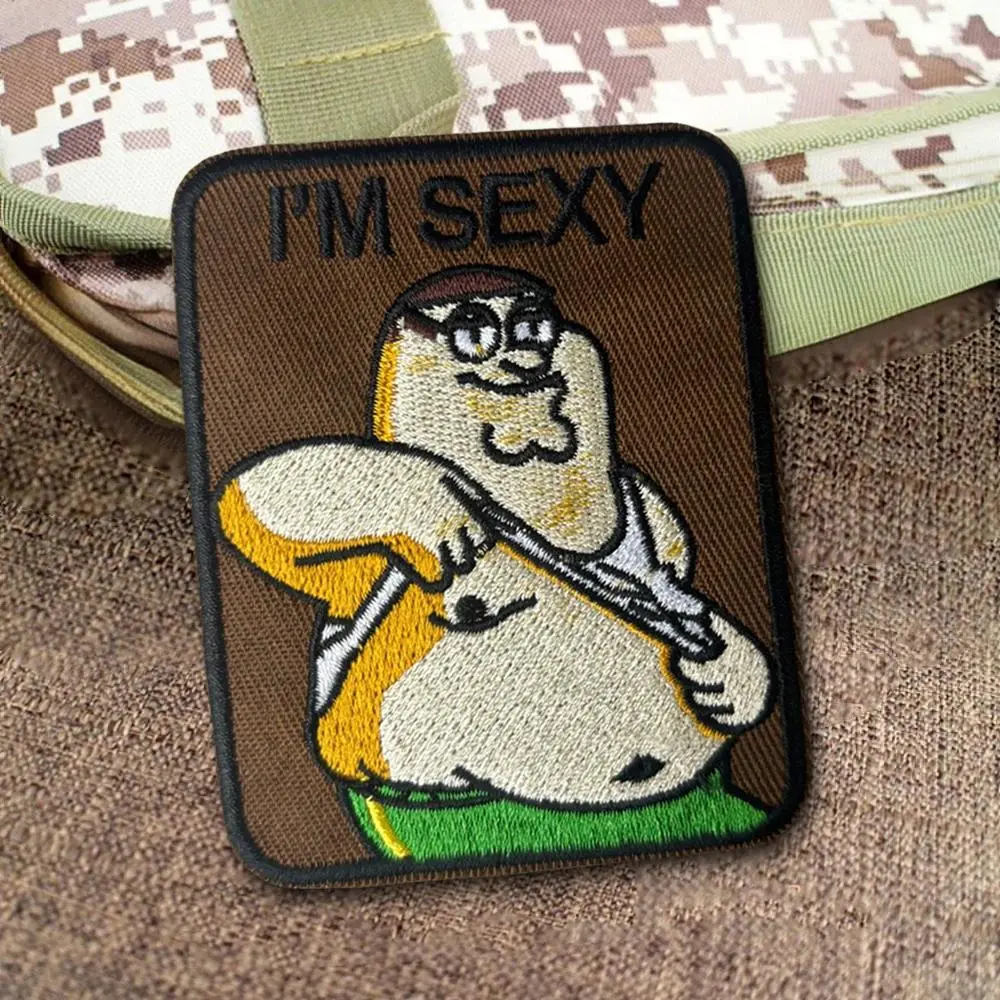 Funny Fat Man Morale Patch I'M SEXY Tactical Badges Full Embroidery Hook and Loop for Clothing Backpack Jacket Decor