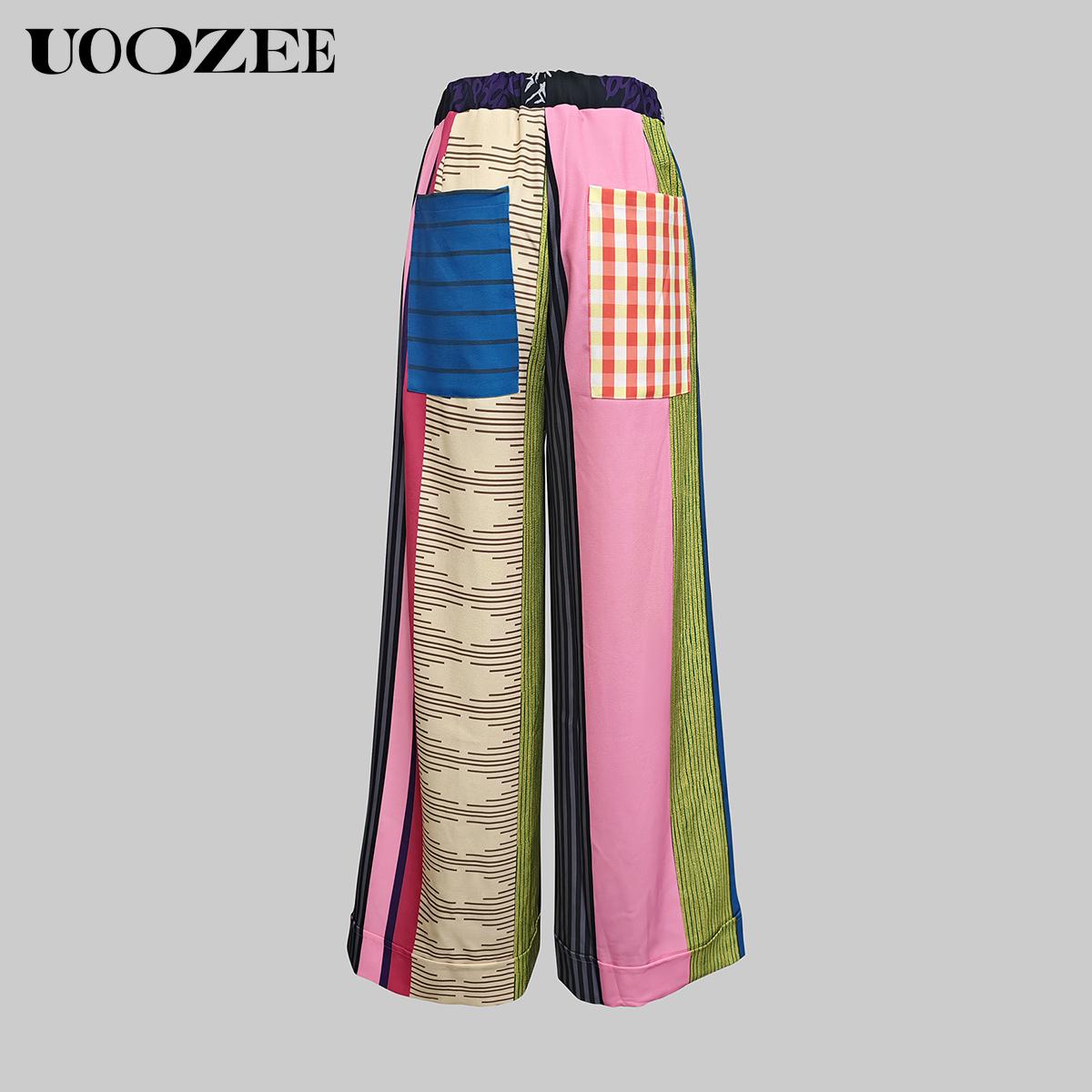 UOOZEE Women's 2026 New Spring Autumn Striped Printed Pockets Wide Leg Pants New Fashion Contrast Color Drawstring High Waisted Loose Streetwear Trousers (Smaller Waist  Fit - Check Size Guide or Order One Size Larger) Boho Casual Bottoms Colorful