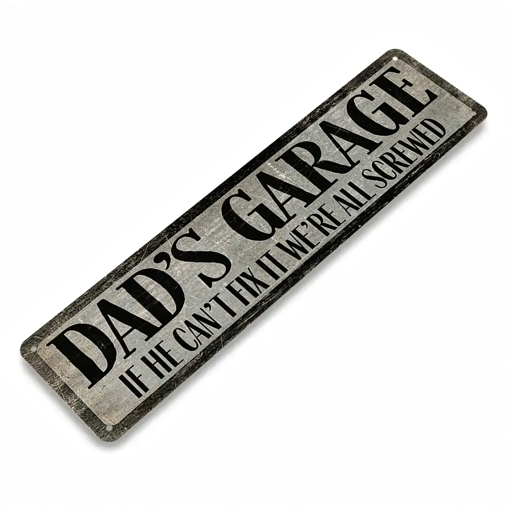Dad's Garage If He Can't Fix It We're All Screwed Grey Rustic Aluminum Metal Sign, 16x4", Weathered Worn Distressed, Wall Art Decor, Garage Ornament, Workshop Man Cave Space, Handyman Dad Lovers, Father’s Day Birthday Gift