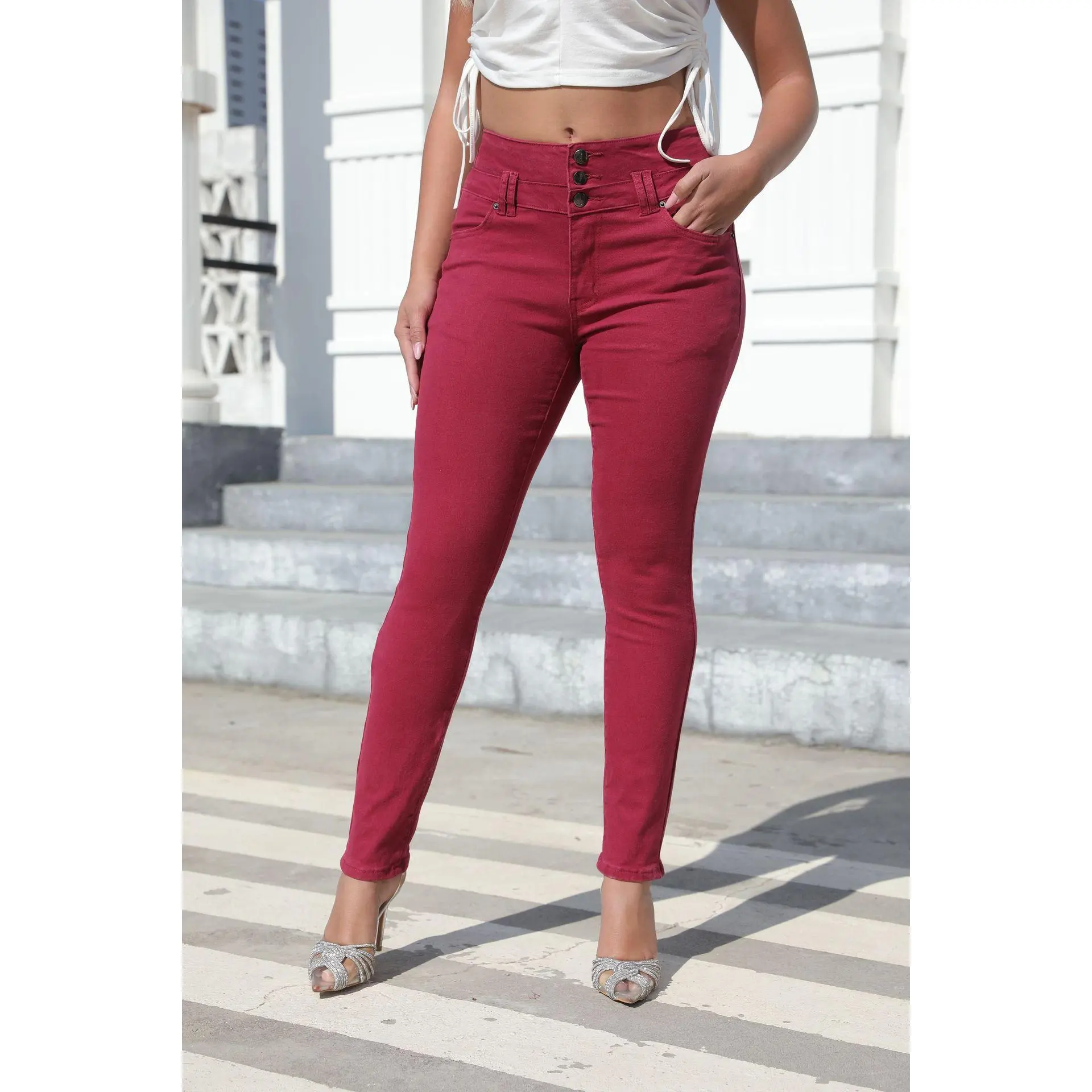 Women's Cotton Blend Burgundy High Waist Skinny Jeans, Triple Button Stretch Slim Fit Solid Color Casual Denim Pants