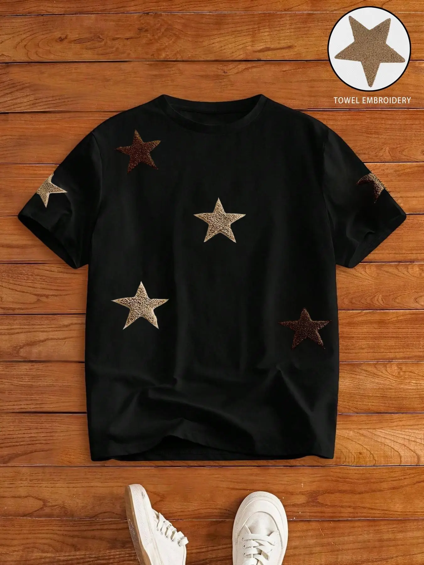 Men's Street Style Star Chenille Embroidery Patch Short Sleeve T-Shirt, Casual Daily Wear, Anniversary Gift, Streetwear Menswear