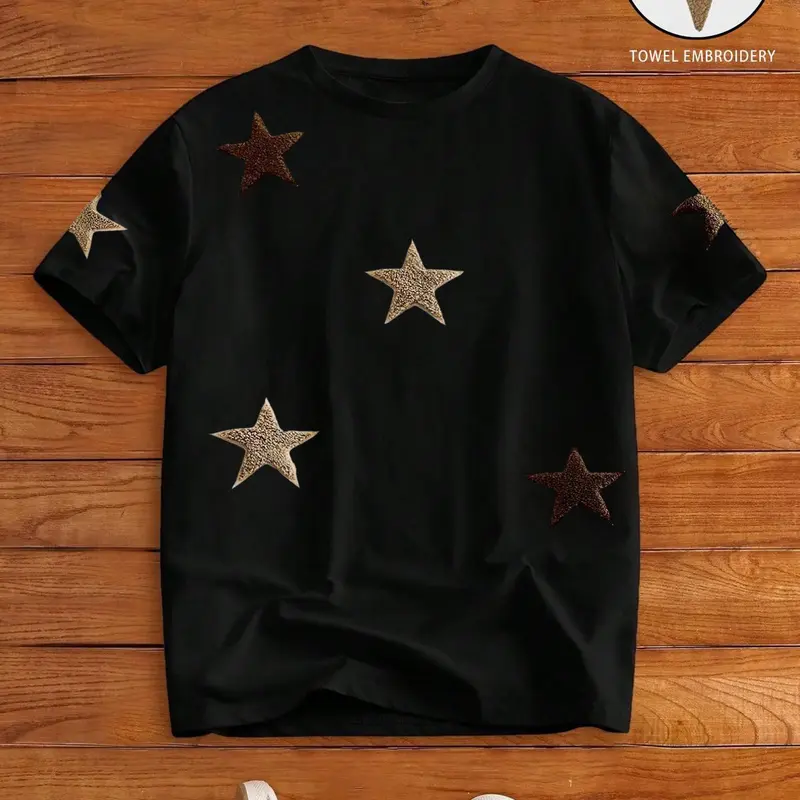 Men's Street Style Star Chenille Embroidery Patch Short Sleeve T-Shirt, Casual Daily Wear, Anniversary Gift, Streetwear Menswear, Casual Streetwear Essential