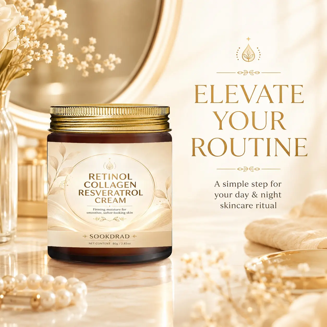 Retinol Collagen Resveratrol Cream, Firming Moisturizer, For Smoother Softer-looking Skin, 80g