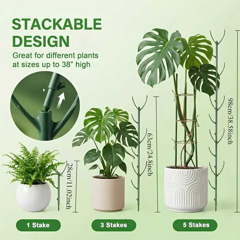 6 Pack Monstera Climbing Plant Support Stakes Set, Includes 5 Stackable Tall Support Poles & 1 Roll Reusable Hook and Loop Tape, Designed to Support Vine & Plant Stems, Sturdy Durable Garden Trellis Sticks, Ideal for Outdoor Garden Climbing Plants