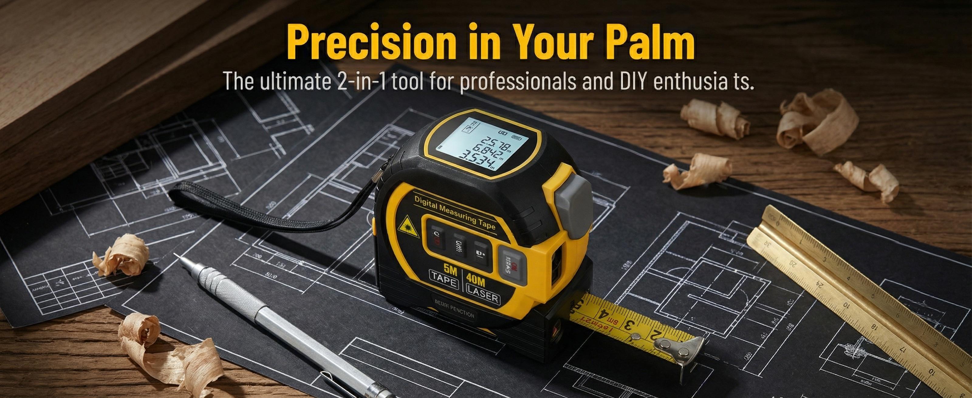 2-in-1 Laser Measuring Tool| 5m Self-Locking Tape + 40/50/60m Laser Distance Meter with LCD Display for Construction & Layout