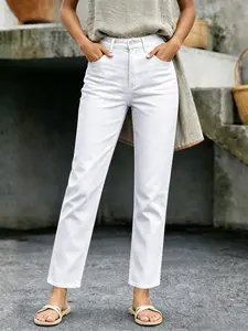 New Spring & Fall Women's Fashion Simple Fitted Straight Leg Denim Jeans, Casual High Waist Pockets Button Fly Ankle Length Pants Minimalist
