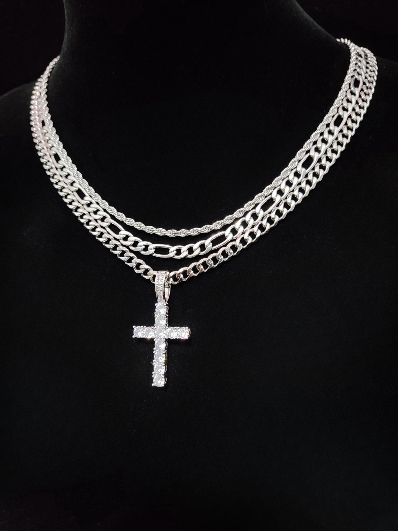 Street Style Rhinestone Decor Necklace Set, Including Cross Necklace & Cuban Link Chain Necklaces, Fashion Jewelry for Party, Daily Decor, Exquisite Jewelry for Gift