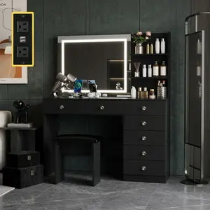 Black MDF Makeup Vanity Desk Set With Dimmable LED Mirror 3 Color Modes Adjustable Brightness, 7 Spacious Storage Drawers Built-In 2 Outlets & 2 USB Ports Diamond Pull Handles Complete With Comfort Stool Modern Dressing Table For Bedroom Gift For Women Gi