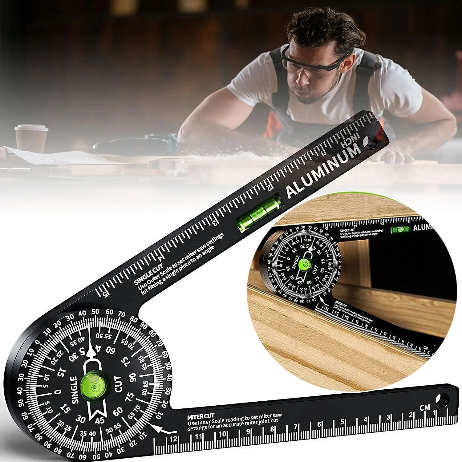 Miter Saw Protractor,Aluminum Protractor Angle Finder with Level Gauge High Precision Laser Inside & Outside Miter Angle Finder for Angle Finder Carpenters, Trim work,Plumbers and All Building Trades Precision Laser Engraved Aluminum Miter Saw Protractor