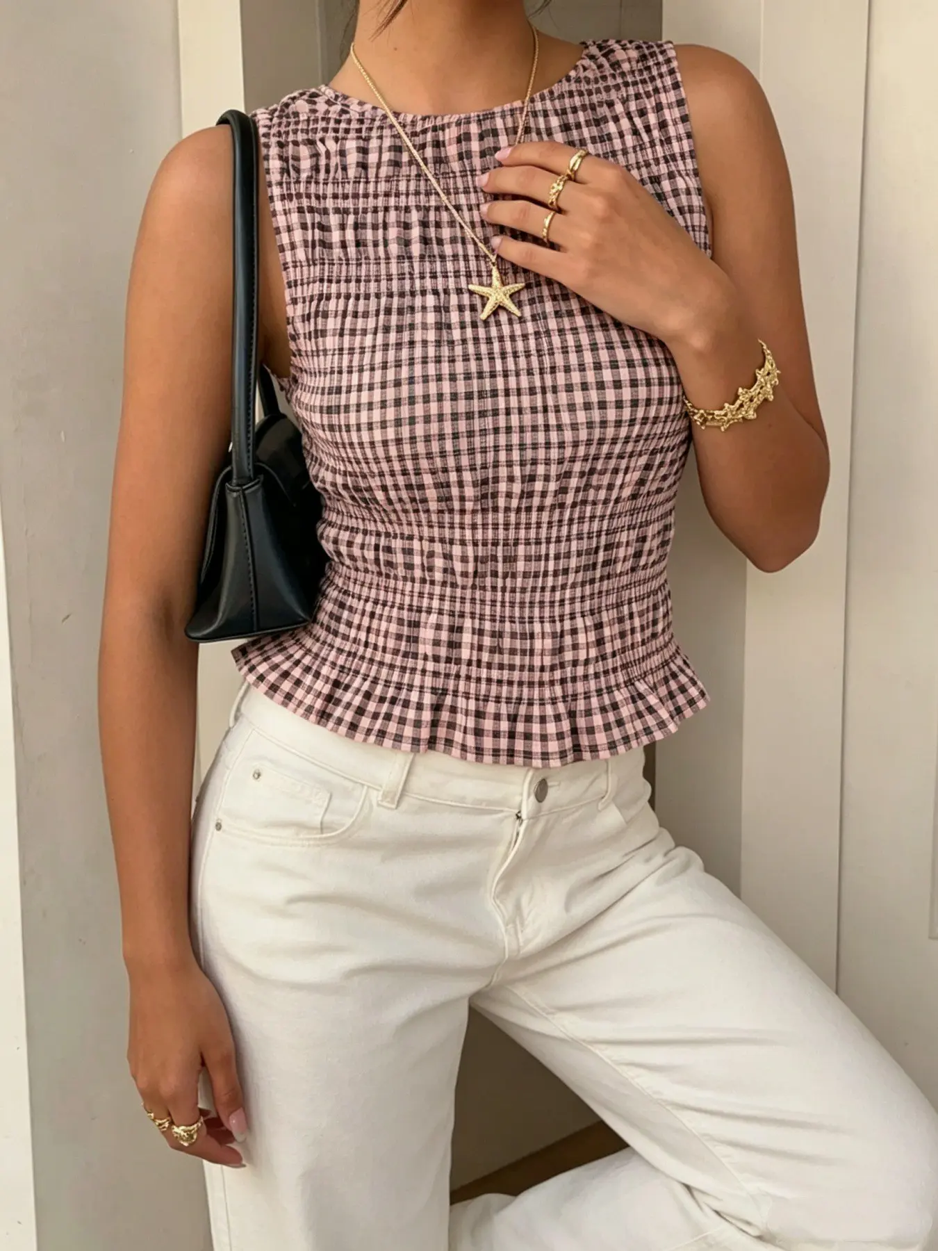 Multicolor Plaid Sleeveless Top, Summer Commute Vacation Outerwear, Ruffled Waist Short Plaid Shirt, Stylish Casual Wear