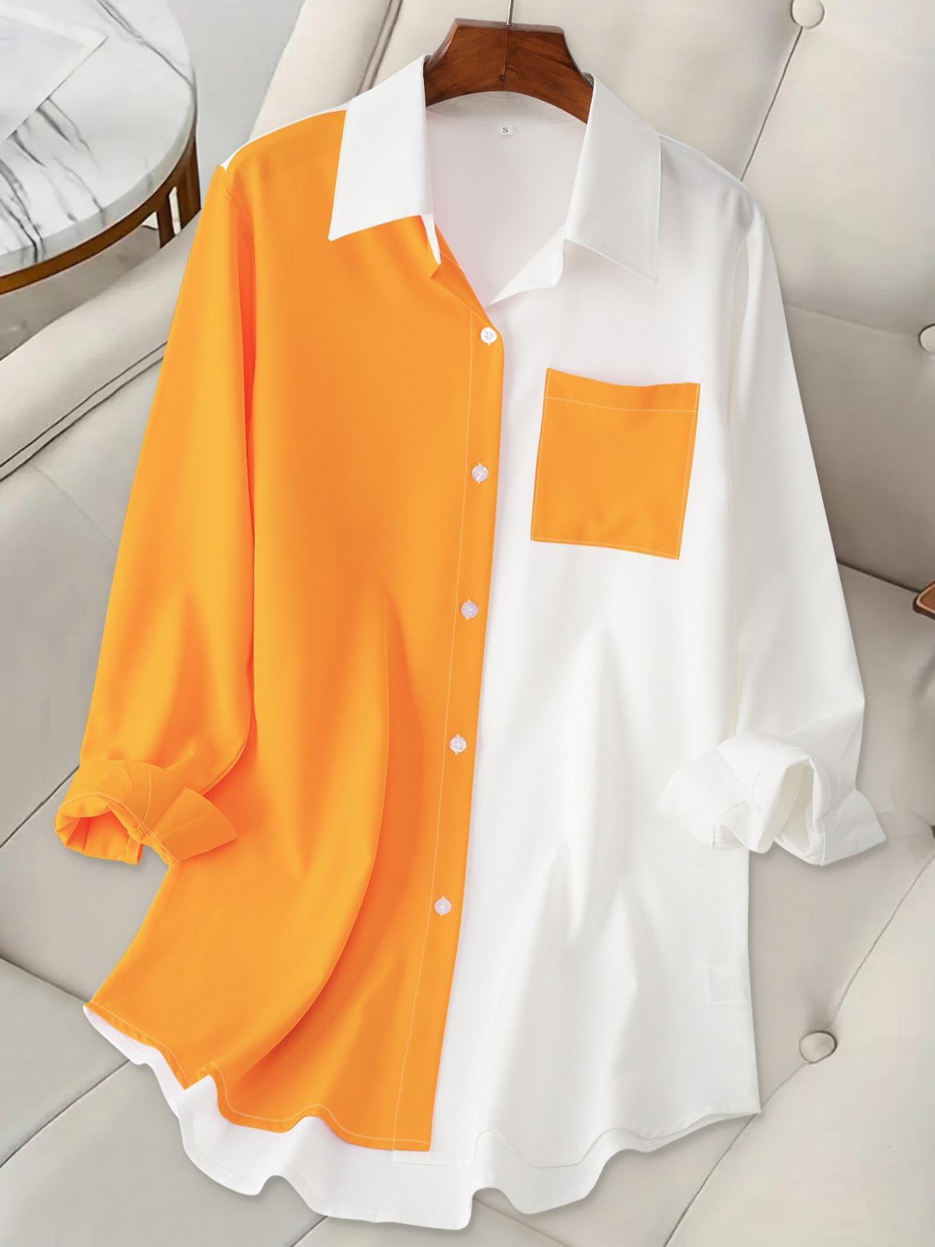 Women's Colorblock Pocket Button Front Curved Hem Shirt, Casual Button Down Long Sleeve Top for Summer, Ladies Clothes for Daily Wear