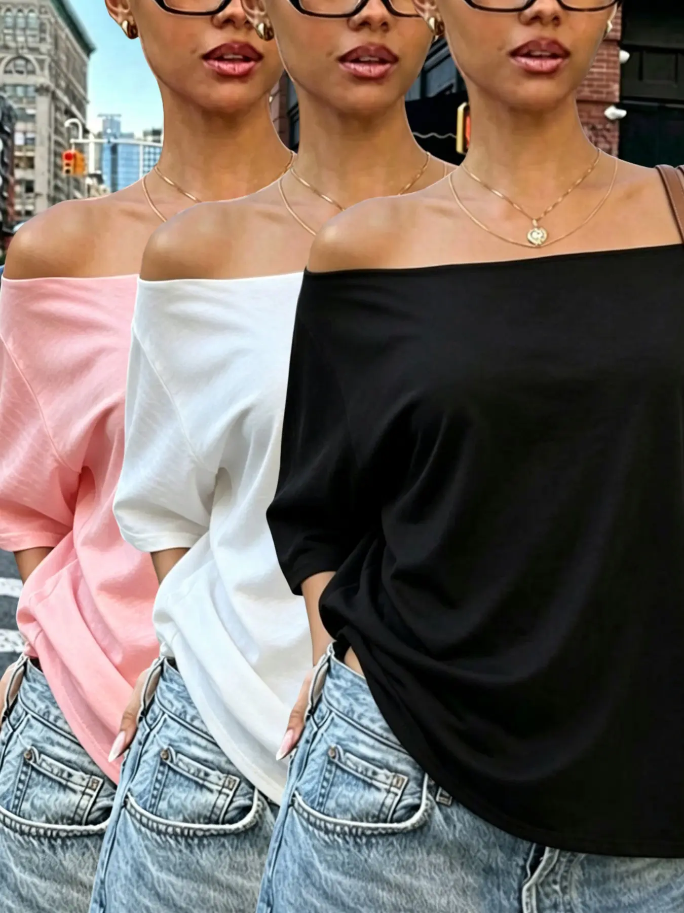 3 pieces, American women's Y2K solid color chic casual off shoulder short sleeves top, trendy street style, sexy off shoulder design, multiple combinations to choose from, summer daily home commuting date outfit