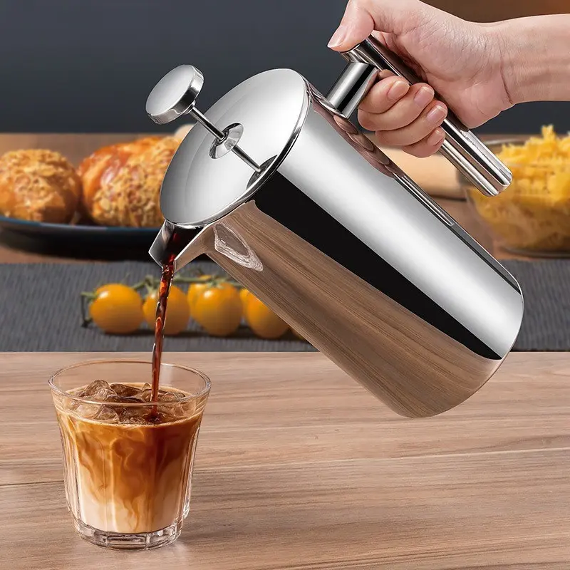 Stainless Steel Coffee French Press, 2 Counts/set Coffee Maker with Spoon & Sealing Clip, Coffee Making Tool for Home Office Use, Coffee Equipment