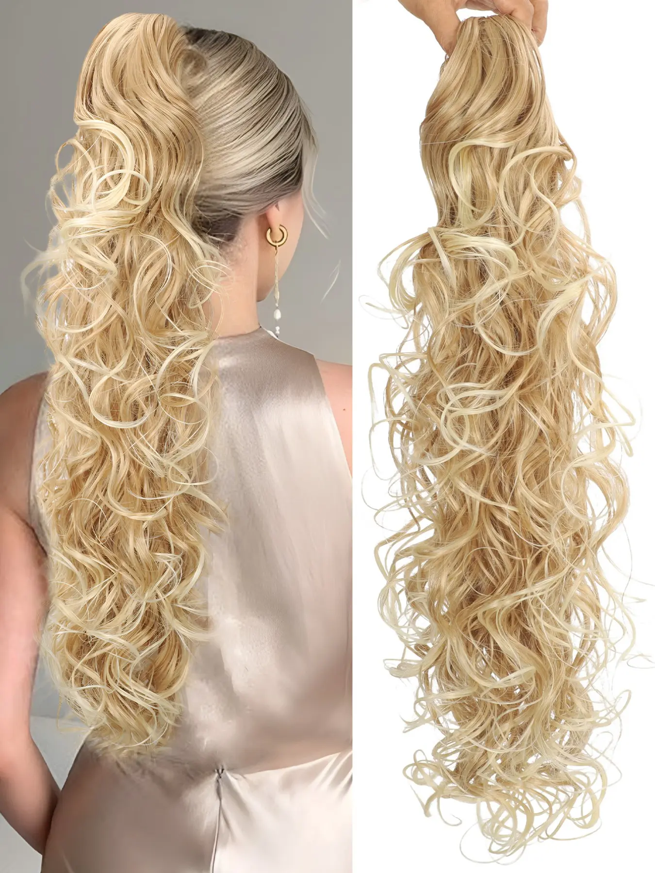 26-Inch Champagne Gold (27T613#) Curly Ponytail Hairpiece for Women – Synthetic Clip-in Ponytail with Long, Wavy Curls; Ideal for Adding Length and Volume; Stylish Claw-Clip Ponytail Suitable for Daily Wear, Parties, and Music Festivals.