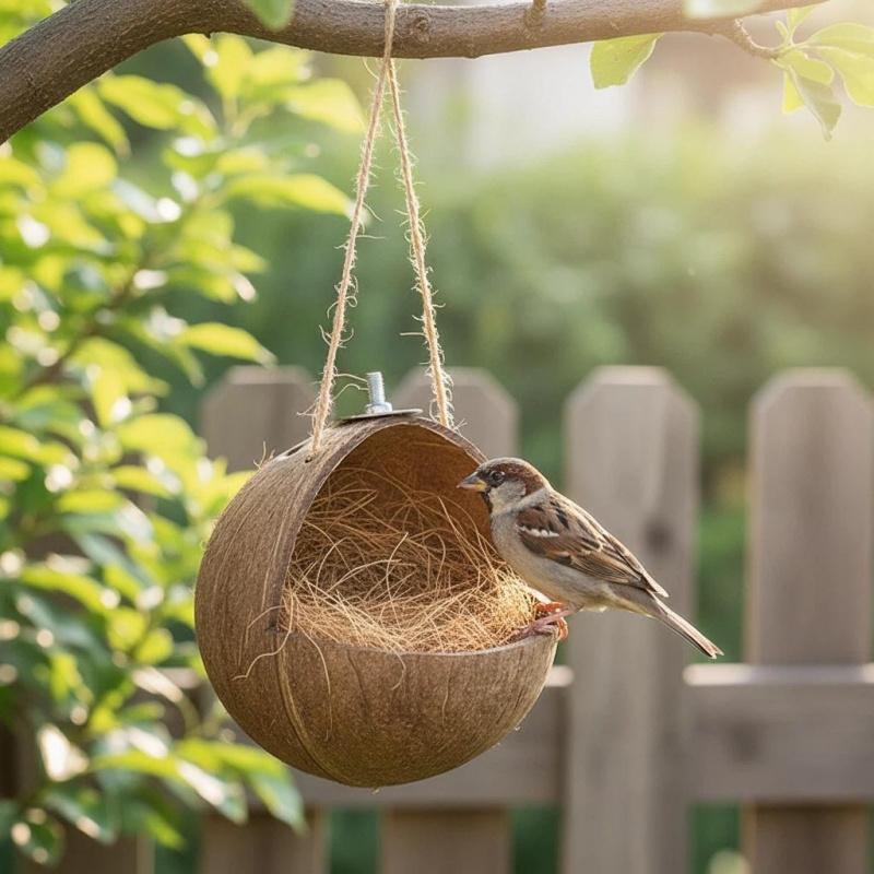 Natural Coconut Bird Nest House – Handmade Grass Woven Parrot Cage Toy, Cozy Breeding Shelter for Small Birds, Hanging Habitat for Parakeets, Lovebirds & Finches