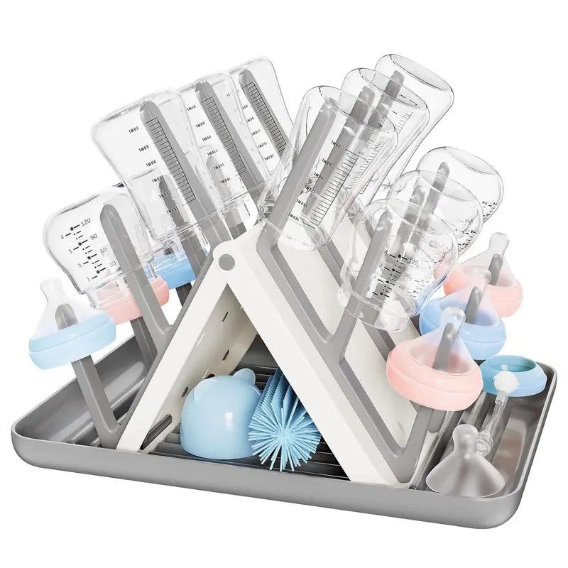 Large Baby Bottle Drying Rack, Space‑Saving Countertop Dryer Organizer with 18 Sloped Hooks & Removable Drip Tray, BPA‑Free Bottle Holder for Bottles, Pacifiers, Brushes & Breast Pump Parts