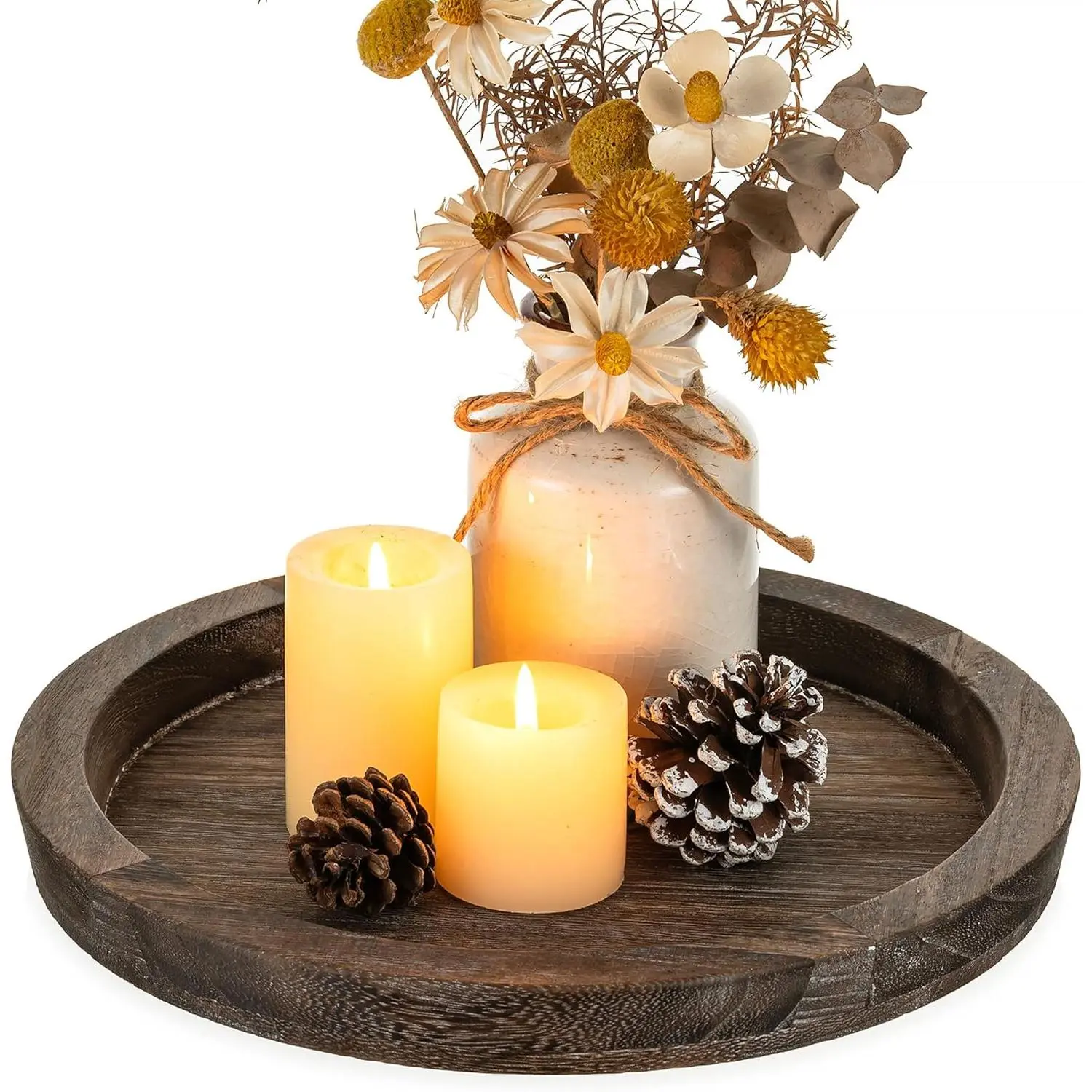Wooden Tray for Coffee Table, Decorative Round Candle Holder Plate |     11.2" Vintage Dining Table Centerpiece Rustic Farmhouse Home Decor Serving Tray,Brown