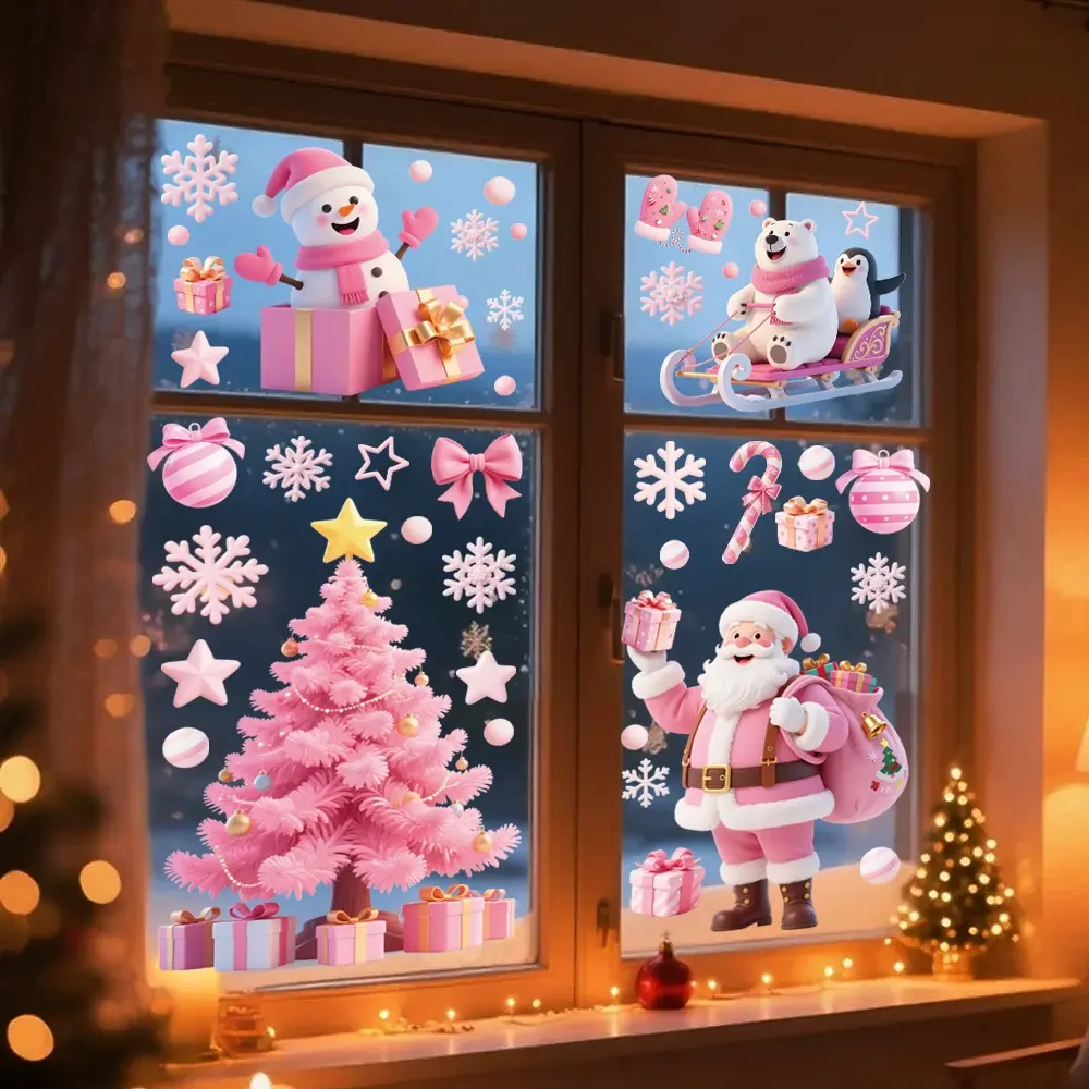 4 sheets pink Christmas window sticker,  Santa Claus, snowman, penguin, polar bear glass door stickers holiday shop scene decoration window stickers