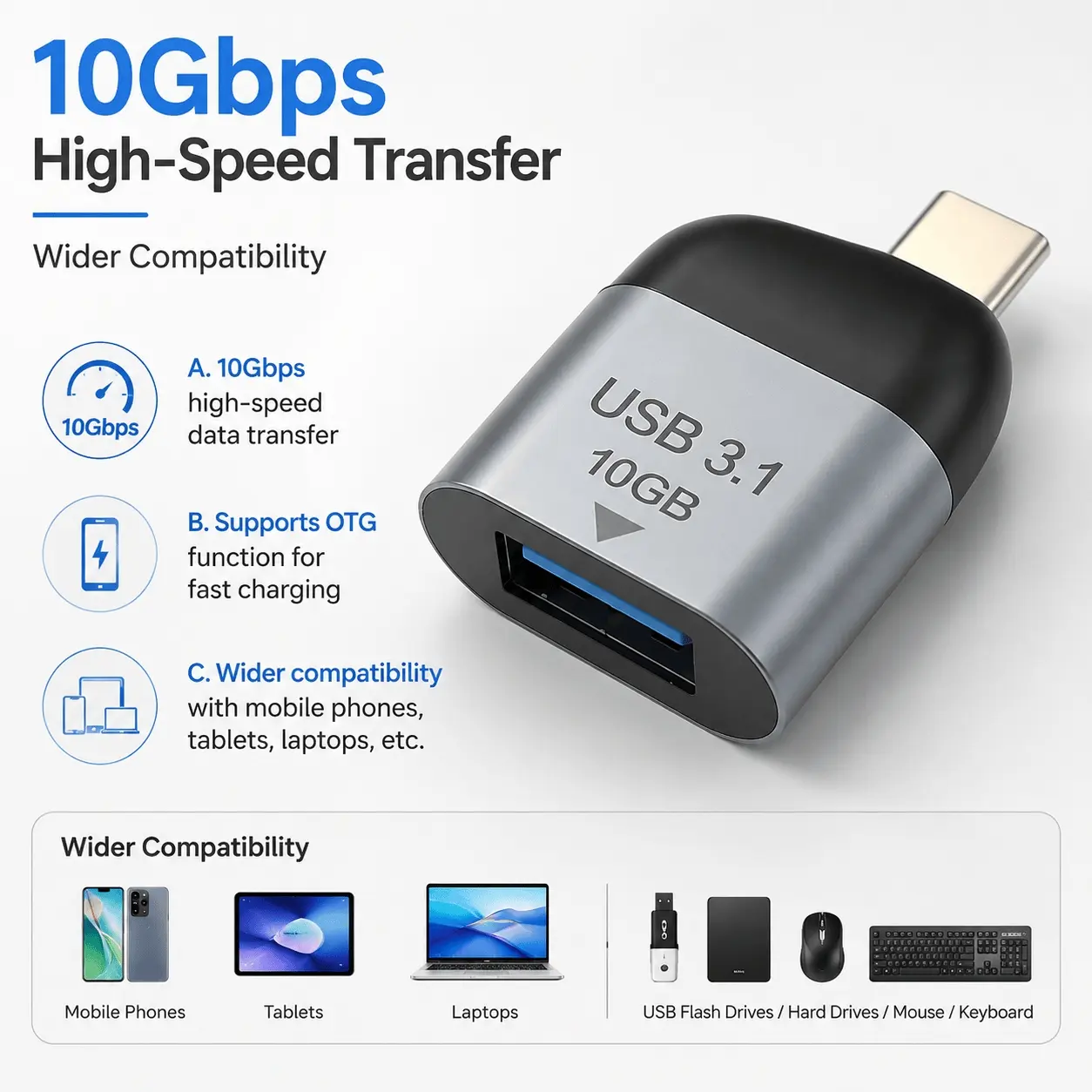 USB 3.1 Type-C to USB-A Adapter, 10Gbps High-Speed Data Transfer & Fast Charging OTG Cable. Compatible with Smartphones, Tablets, Laptops for External Storage, Keyboards & Peripherals. Portable Design for Efficient File Sync & Multi-Device Expansion.