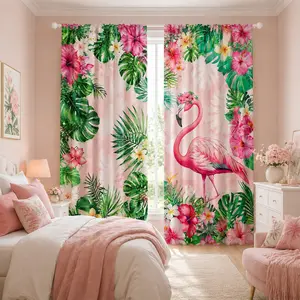2-Pack Leaf Flamingo Print Curtains, Rod Pocket Design, Semi-Transparent Privacy Drapes, Ideal for Bedroom, Living Room, Kitchen, Closet, Home Decor