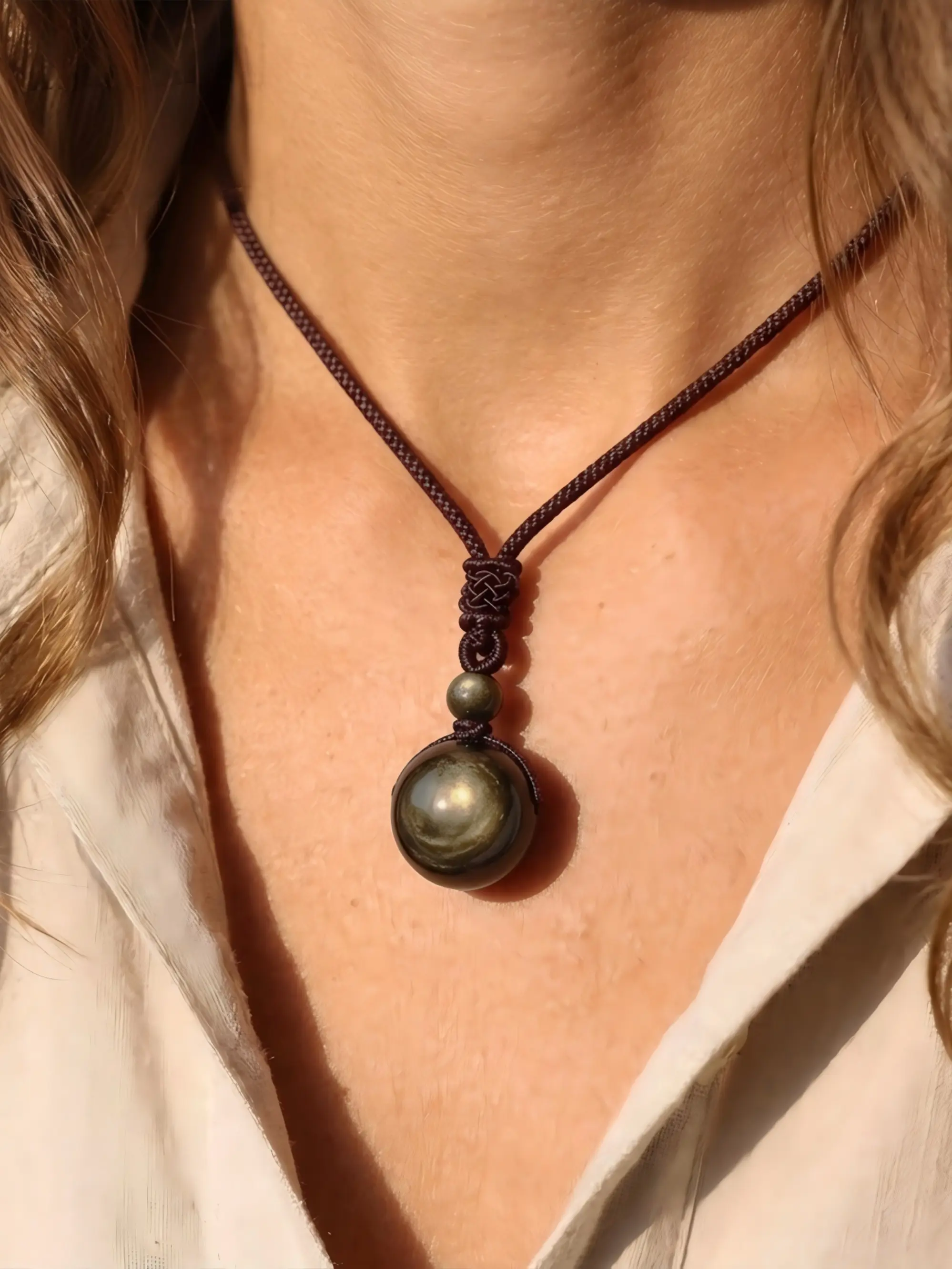 18mm Gold Sheen Obsidian Sphere Pendant Necklace | Adjustable Braided Cord, Protection Grounding Healing Crystal Gift for Her/Him, Boho Necklace