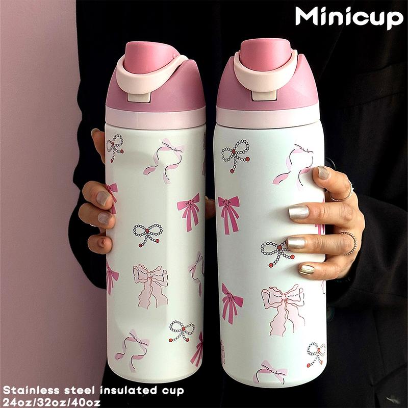 Butterfly Pattern Insulated Water Bottle Tumbler, 1 Count 24oz-32oz-40oz Stainless Steel Vacuum Flask with Straw, Summer Cool Bottle Drinking Cup for Home Office School, Drinkware