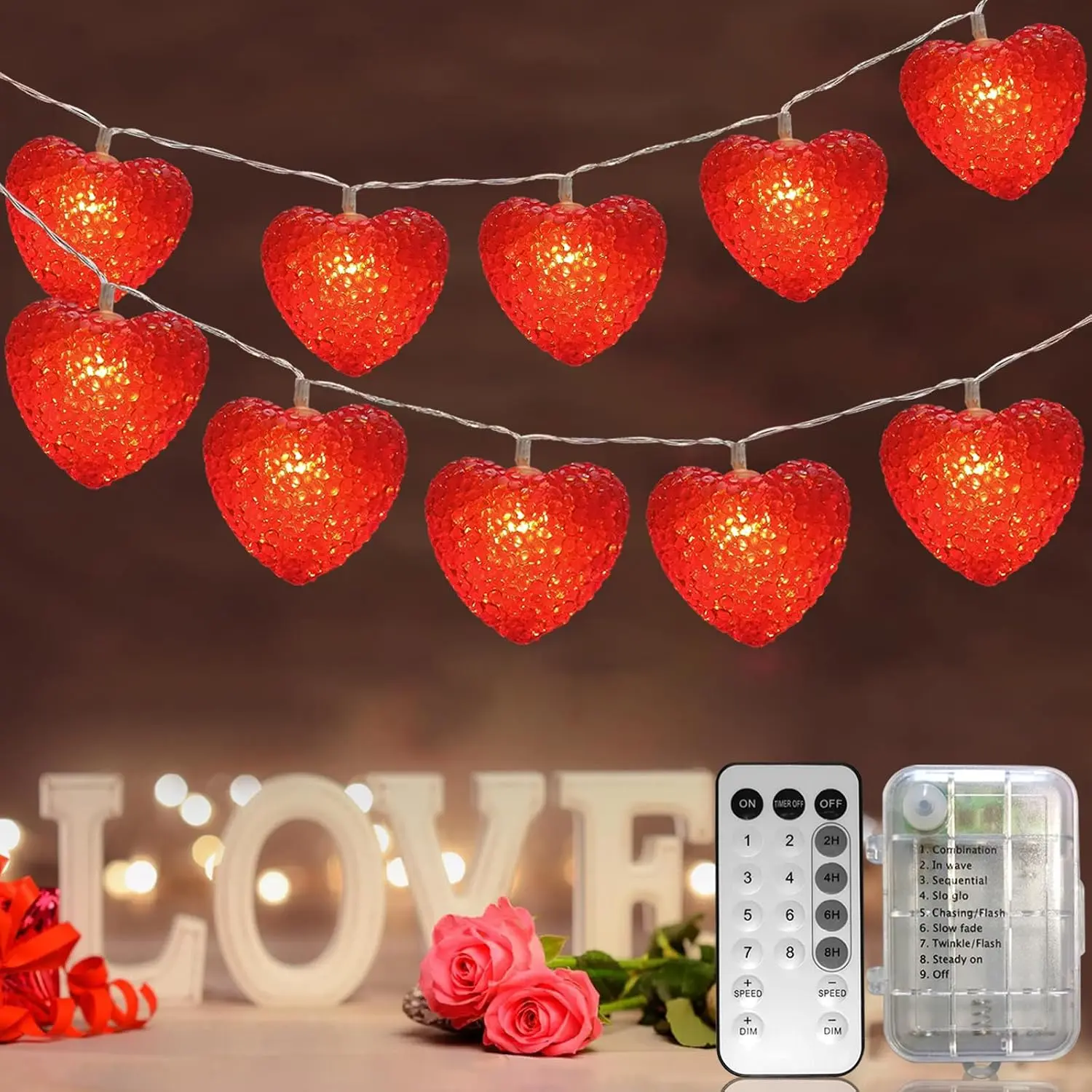 Valentines Heart String Lights  Operated 6.8Ft Valentine Decoration Light 10 LED  String Lights with Timer, Romantic Valentine's Day Light for Party Wedding Christmas Valentines Decor